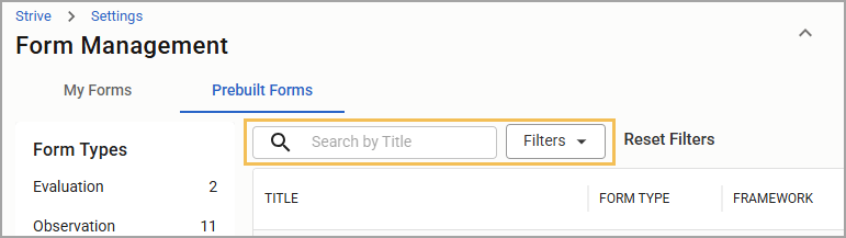 Form Management interface displaying search and filter options for prebuilt forms.